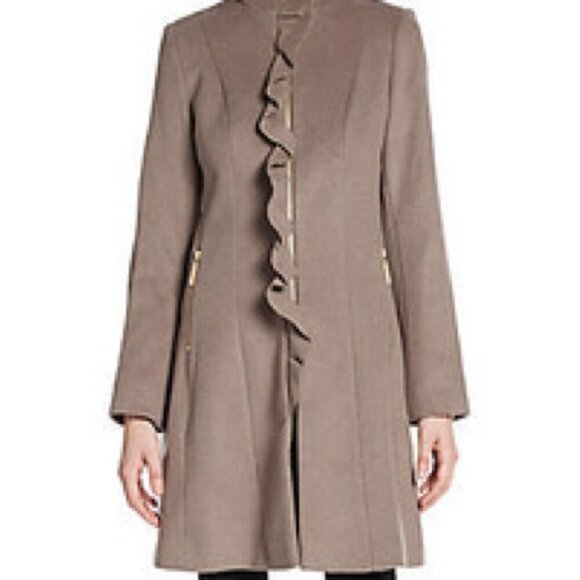 T TAHARI Light Gray Wool Blend Victorian Ruffle Front Mock Neck Pea Coat Size 12 - Picture 2 of 16